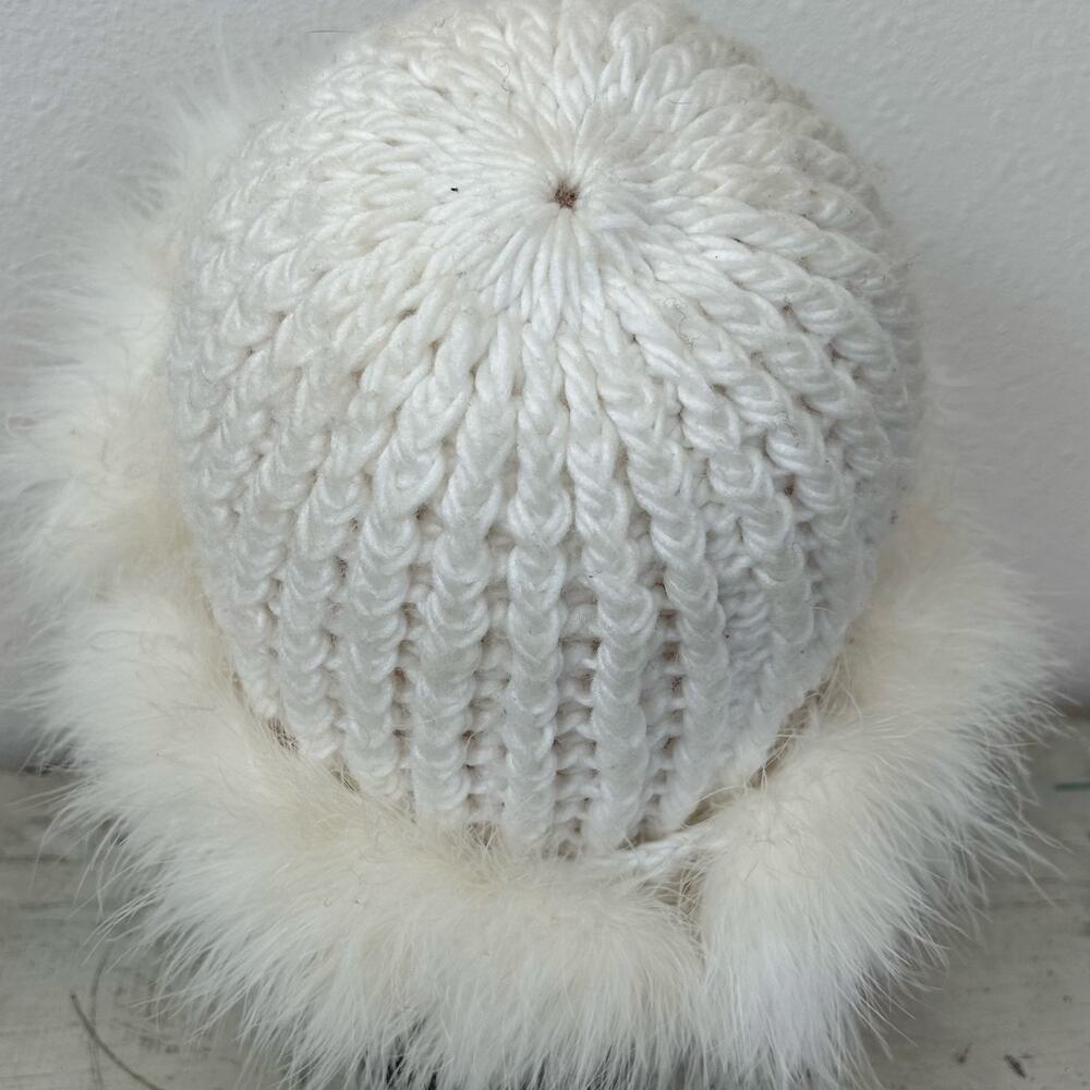 Vintage Chunky Knit Beanie Hat Feather Trim Y2K Winter Snow Bunny ski white - Picture 7 of 16